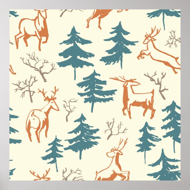 Hand drawn winter seamless pattern with deer and p poster (Front)
