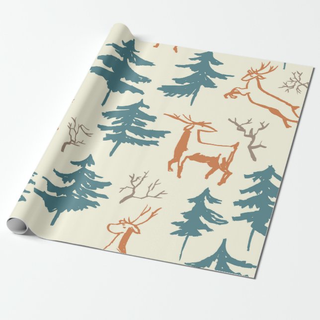 Hand drawn winter seamless pattern with deer and p wrapping paper (Unrolled)