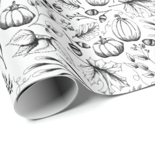 Hand-Drawn Winter Squash and Leaves Botanical Wrapping Paper