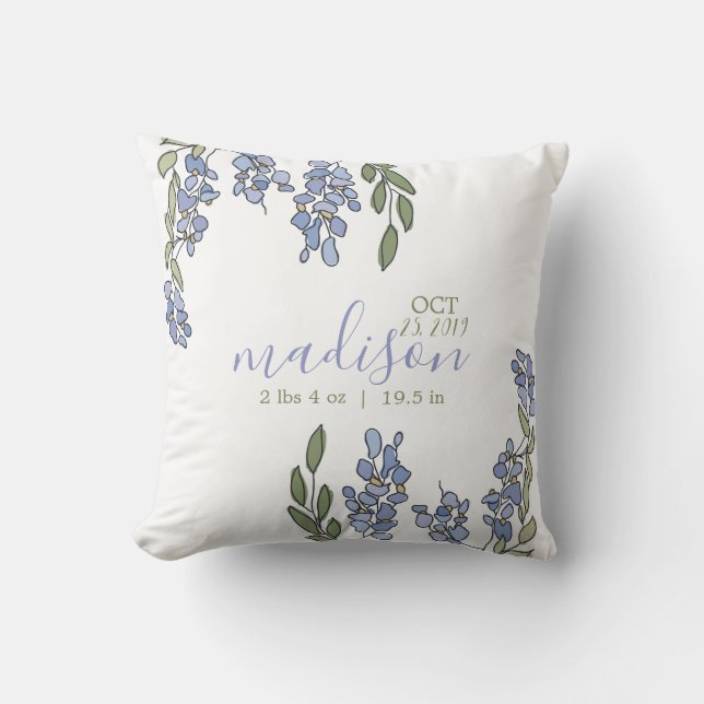 Hand Drawn Wisteria Birth Stats Nursery Pillow (Front)
