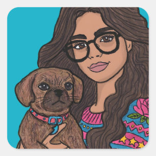 Hand Drawn Woman with her Puggle Dog Square Sticker