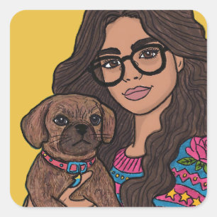 Hand Drawn Woman with her Puggle Dog Square Sticker