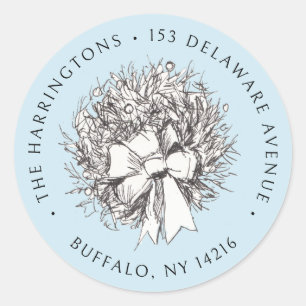 Hand-Drawn Wreath Blue Christmas Return Address  Classic Round Sticker