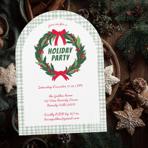Hand-Drawn Wreath Christmas Party ARCH Gingham Invitation