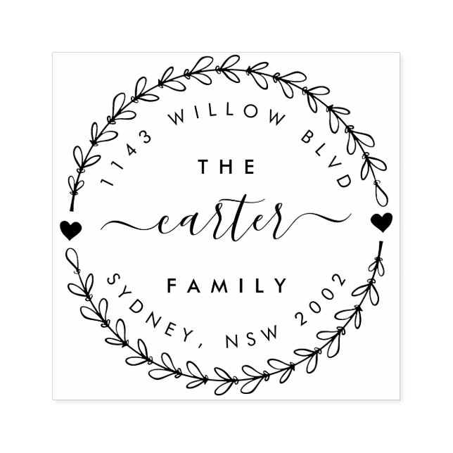 Hand Drawn Wreath Family Name Return Address Rubber Stamp (Imprint)
