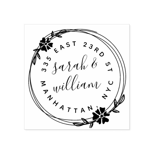 Hand Drawn Wreath Married Couple Return Address Rubber Stamp (Imprint)