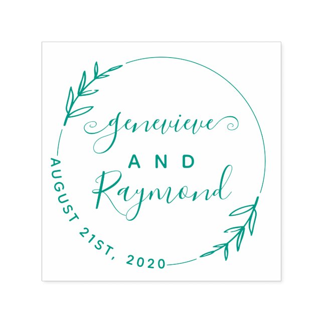Hand-Drawn Wreath & Modern Script Wedding Date Self-inking Stamp (Design)