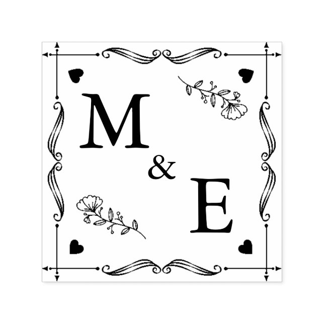Hand drawn wreath monogram square floral flowers h self-inking stamp (Design)