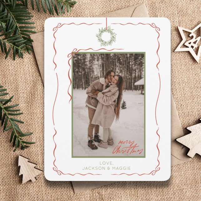 Hand Drawn Wreath Red Bow Photo Christmas Card (Hand Drawn Wreath Red Bow Photo Christmas Card
)