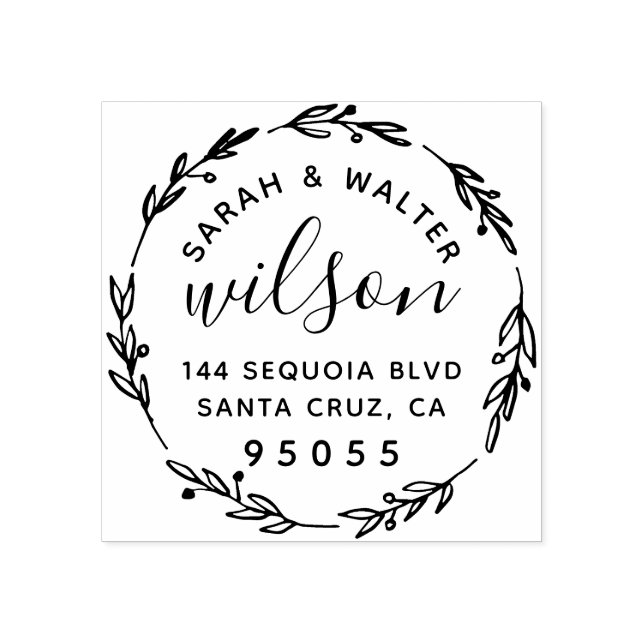 Hand Drawn Wreath Wedding Couple Return Address Rubber Stamp (Imprint)