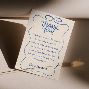 Hand Drawn Written Blue Oh Boy  Ribbon Baby Shower Thank You Card