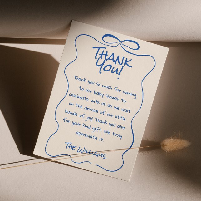 Hand Drawn Written Blue Oh Boy  Ribbon Baby Shower Thank You Card (Creator Uploaded)