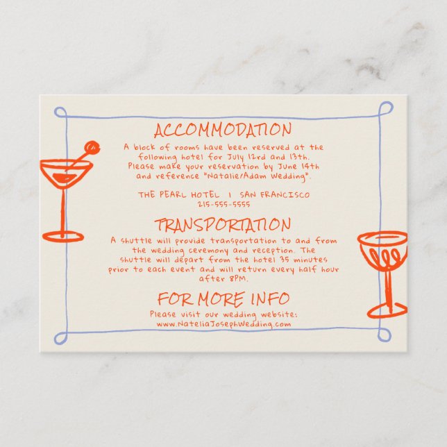 Hand Drawn Written Blue Orange Wedding Details  Enclosure Card (Front)