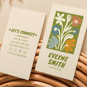 Hand Drawn Written Green Bold Retro Boho Floral Business Card