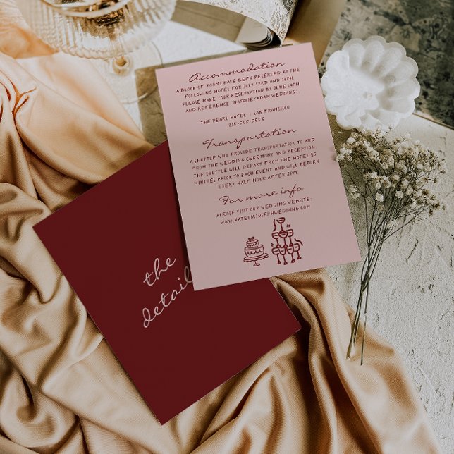 Hand Drawn Written Pink Burgundy Wedding Details Enclosure Card (Creator Uploaded)
