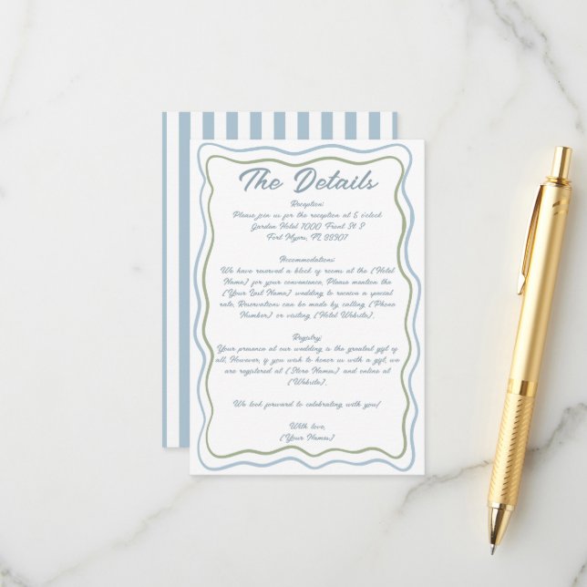 Hand Drawn Written Wavy Blue Green Frame Wedding  Enclosure Card (Front/Back In Situ)
