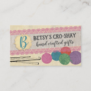 Hand drawn yarn crochet hooks shabby chic business card