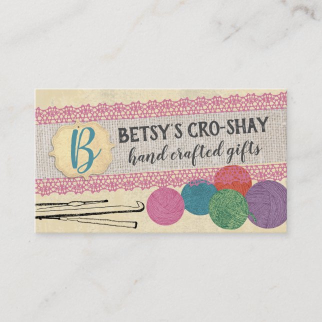 Hand drawn yarn crochet hooks shabby chic business card (Front)
