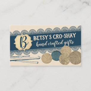 Hand drawn yarn crochet hooks shabby lace crafts business card