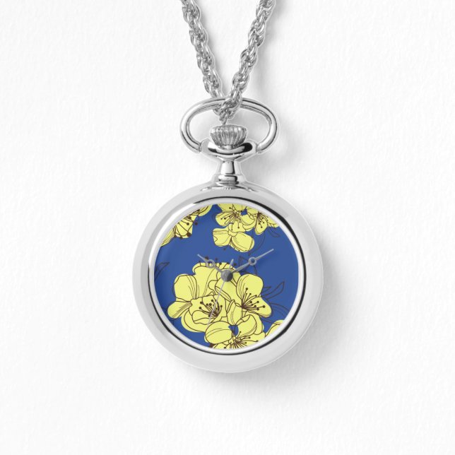 Hand Drawn Yellow Apple Blossoms on Blue Watch (Front)
