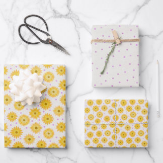 Hand Drawn Yellow Flowers Purple Polka Dots Wrapping Paper Sheet