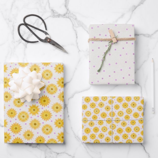 Hand Drawn Yellow Flowers Purple Polka Dots Wrapping Paper Sheet (Front)