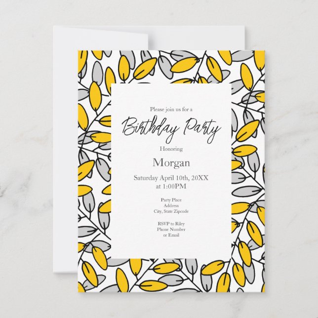 Hand Drawn Yellow Grey Leaves Pattern  Invitation (Front)