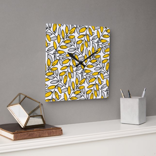 Hand Drawn Yellow Grey Leaves Pattern   Square Wall Clock (Office)