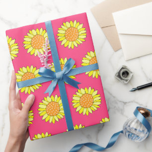 Hand Drawn Yellow Orange Pink Sunflower Pattern Wrapping Paper