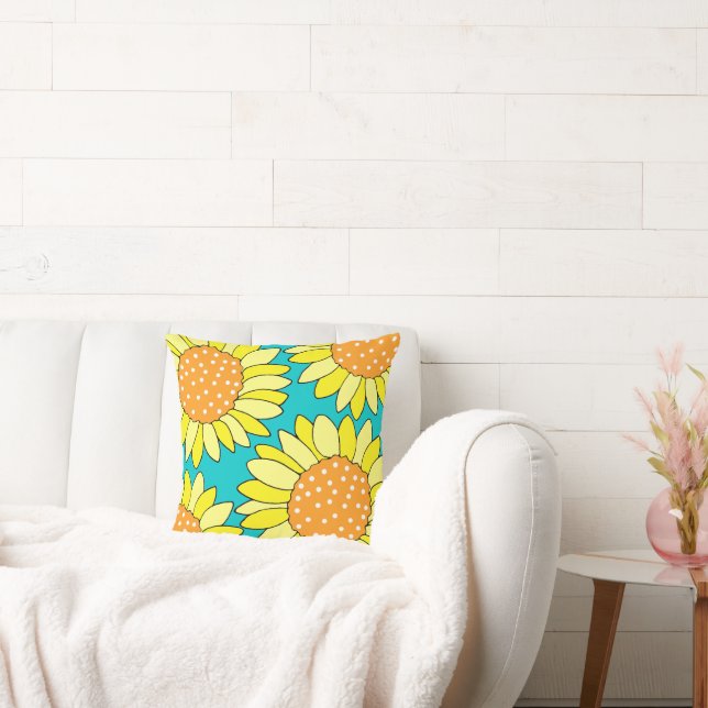 Hand Drawn Yellow Orange Turquoise Sunflowers  Cushion (Couch)