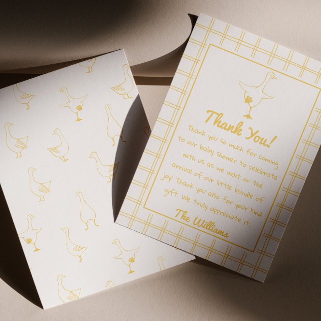 Hand Drawn Yellow Silly Goose Gingham Baby Shower Thank You Card (Creator Uploaded)