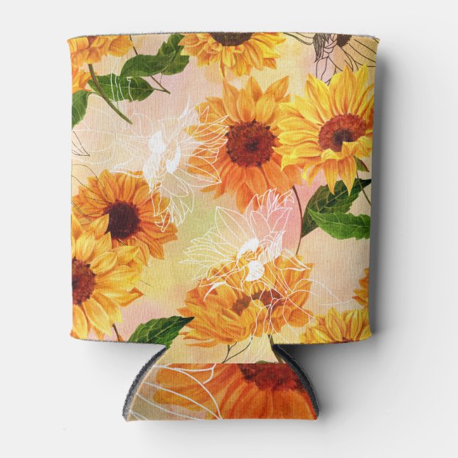 Hand-Drawn Yellow Sunflowers Watercolor Pattern Can Cooler (Front)