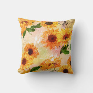 Hand-Drawn Yellow Sunflowers Watercolor Pattern Cushion