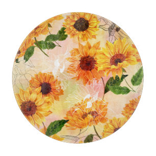 Hand-Drawn Yellow Sunflowers Watercolor Pattern Cutting Board