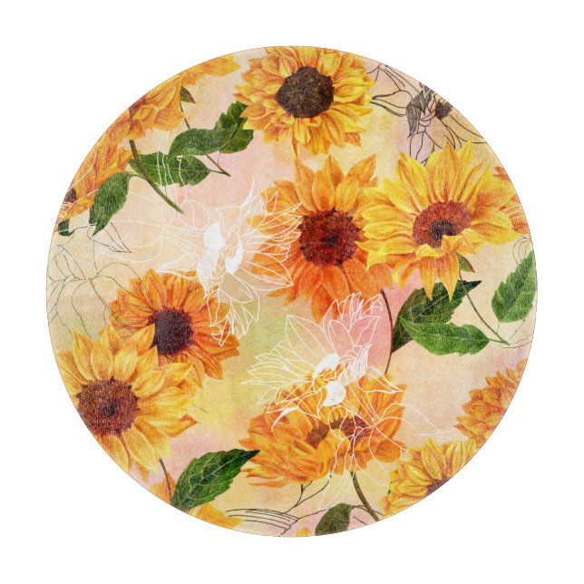 Hand-Drawn Yellow Sunflowers Watercolor Pattern Cutting Board (Front)