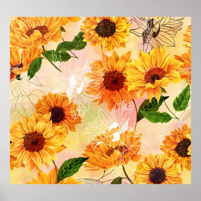 Hand-Drawn Yellow Sunflowers Watercolor Pattern Poster (Front)