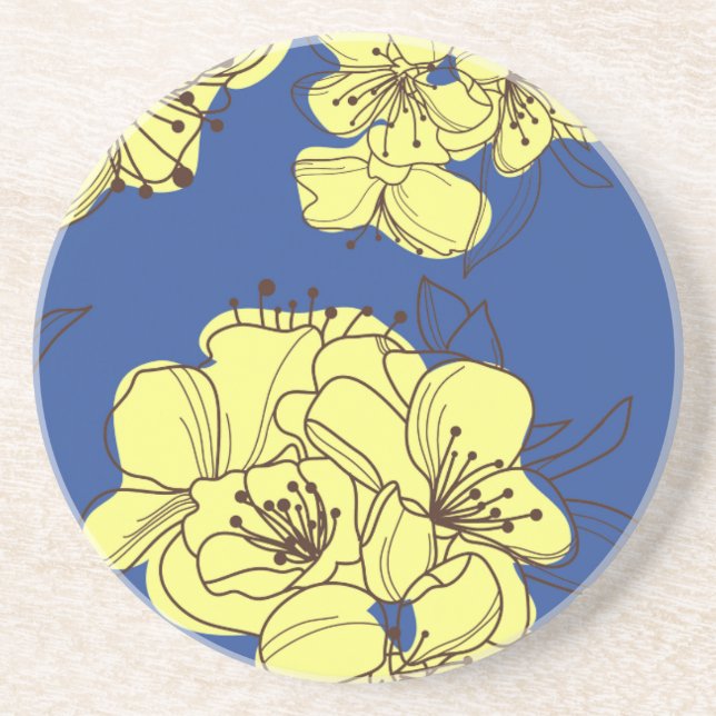 Hand Drawn Yellow Wild Flowers on Blue Coaster (Front)