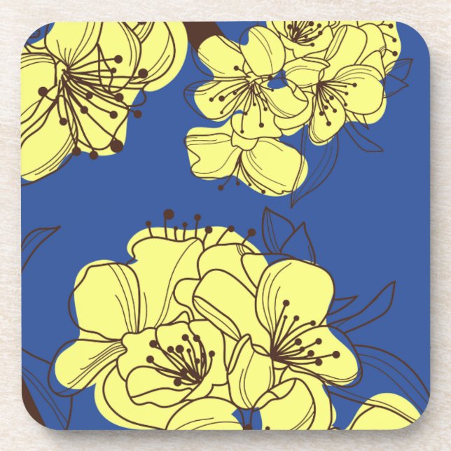 Hand Drawn Yellow Wild Flowers on Blue Coaster (Front)
