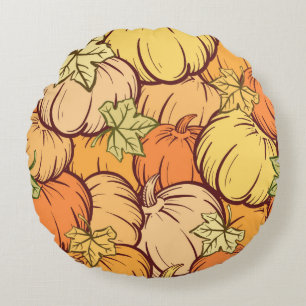 Hand-drown Vintage pumpkin and leaves seamless pat Round Cushion
