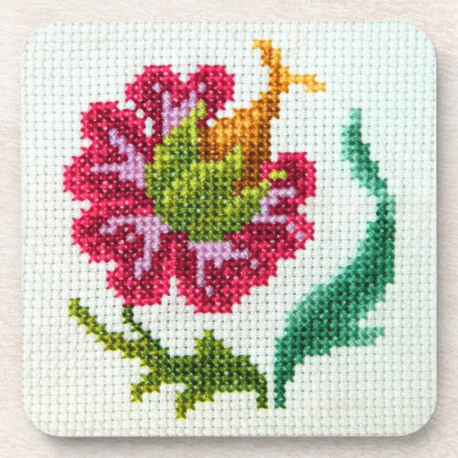 Hand embroidered bright flower 3 coaster (Front)
