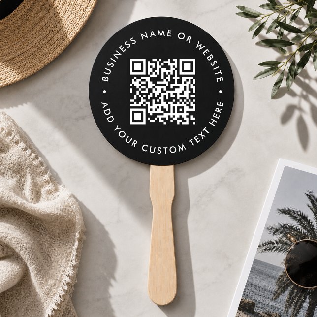 Hand Fan | Custom QR Code Logo Black Event Paddle (Modern event hand fan with scannable QR design for events tables, warm venues & promo merchansie)