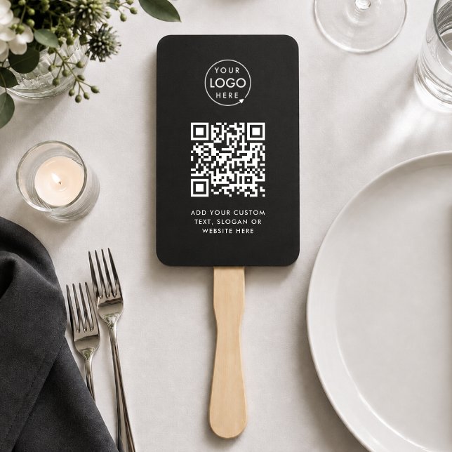 Hand Fan | Custom QR Code Logo Black Event Paddle (Modern event hand fan with scannable QR design for events tables, warm venues & promo merchansie)
