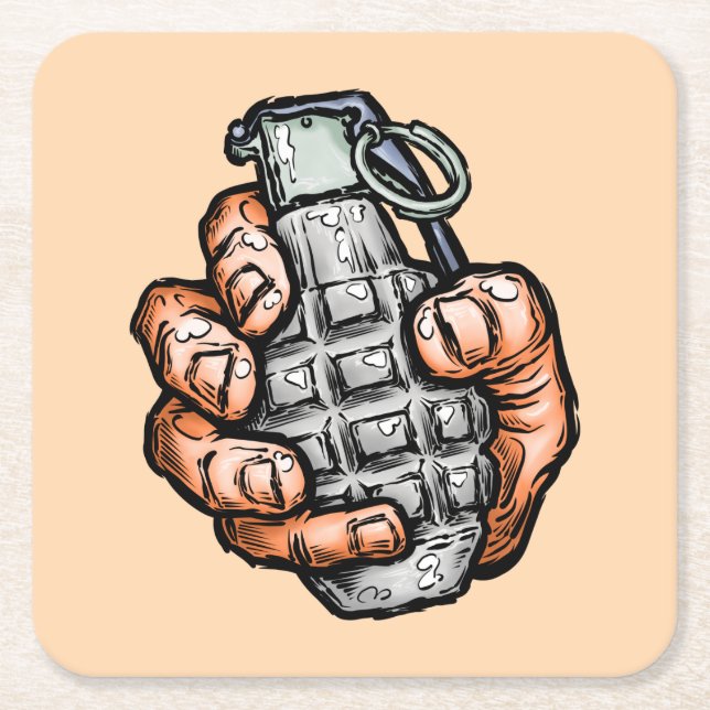 Hand Grenade In Comics Style Square Paper Coaster (Front)