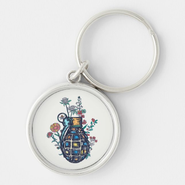 Hand Grenade Vase of Flowers Key Ring (Front)