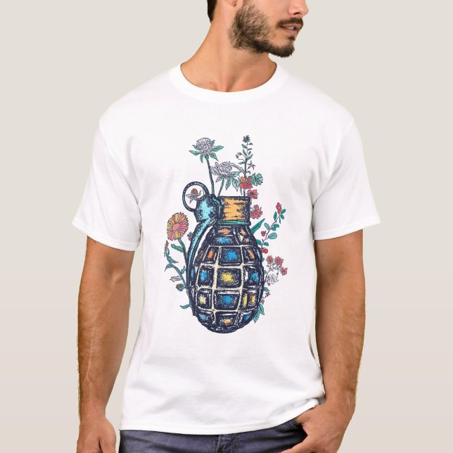 Hand Grenade Vase of Flowers T-Shirt (Front)