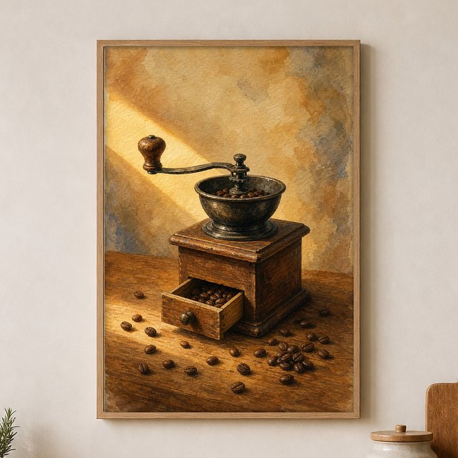 Hand Grinder & Coffee Beans Watercolour Poster (Shown framed for scale. Poster ships unframed; frames are an optional add-on.)