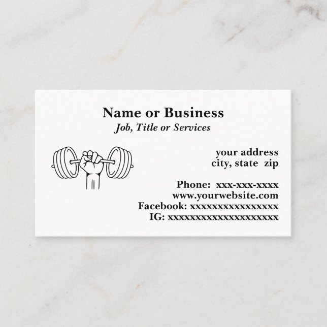 Hand holding a barbell business card (Front)