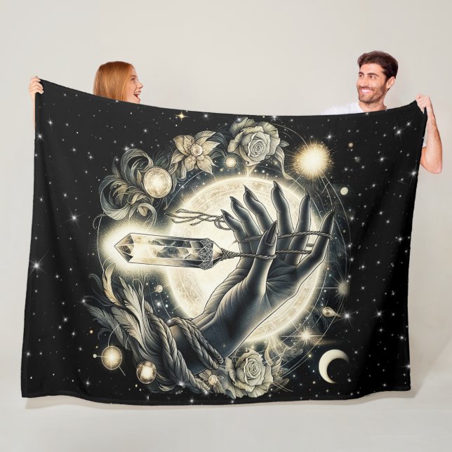 Hand Holding a Crystal under the Moonlight Fleece Blanket (In Situ)