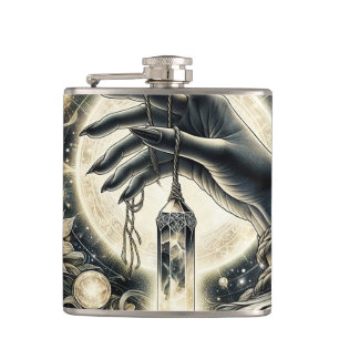 Hand Holding a Crystal under the Moonlight Hip Flask