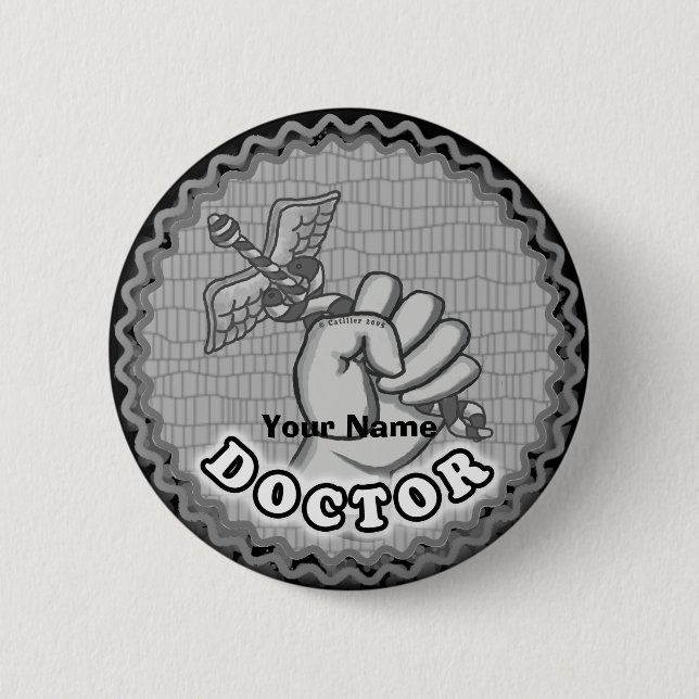 Hand holding caduceus doctor  6 cm round badge (Front)